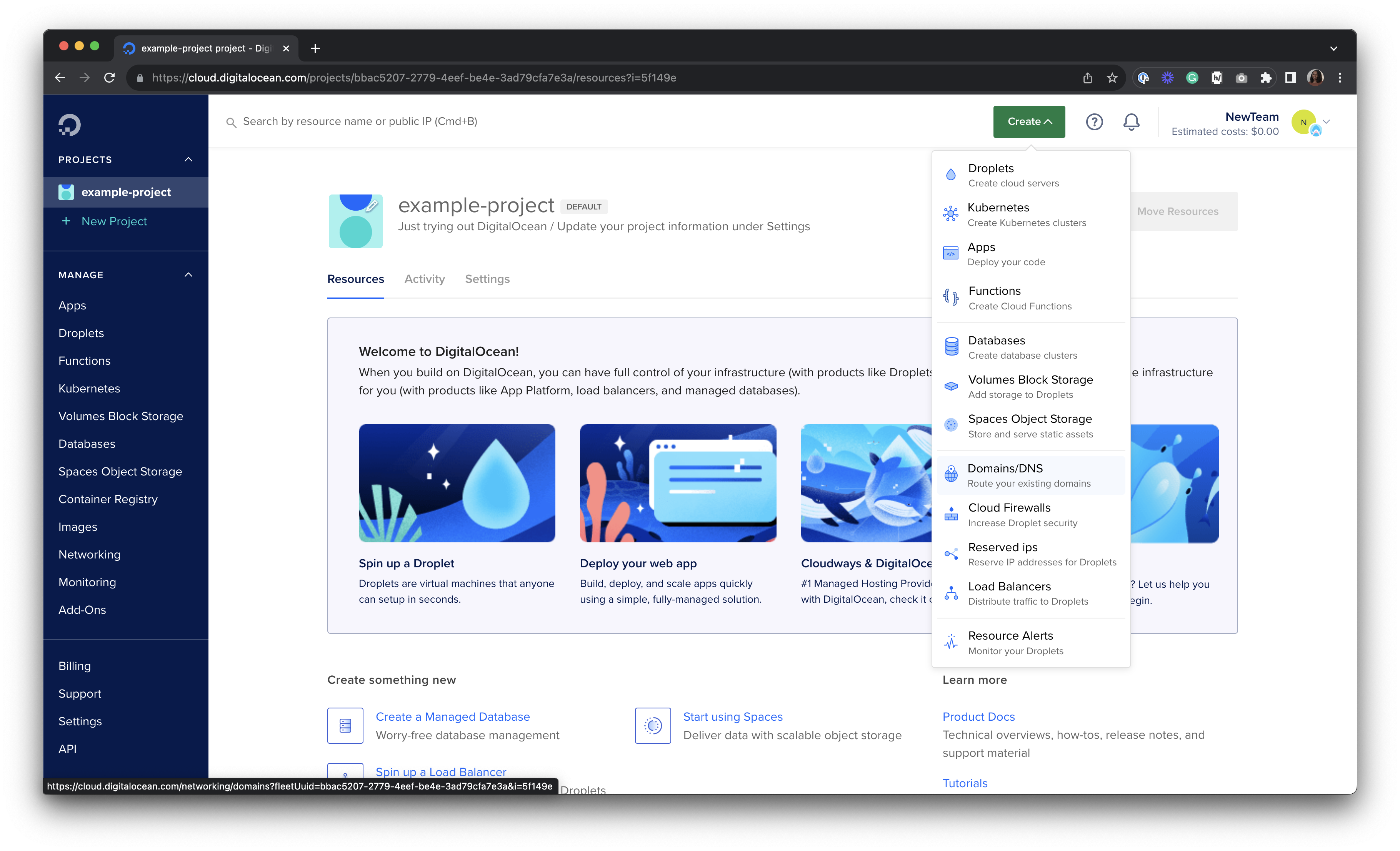 The DigitalOcean control panel with the Create menu open and Domains/DNS highlighted.